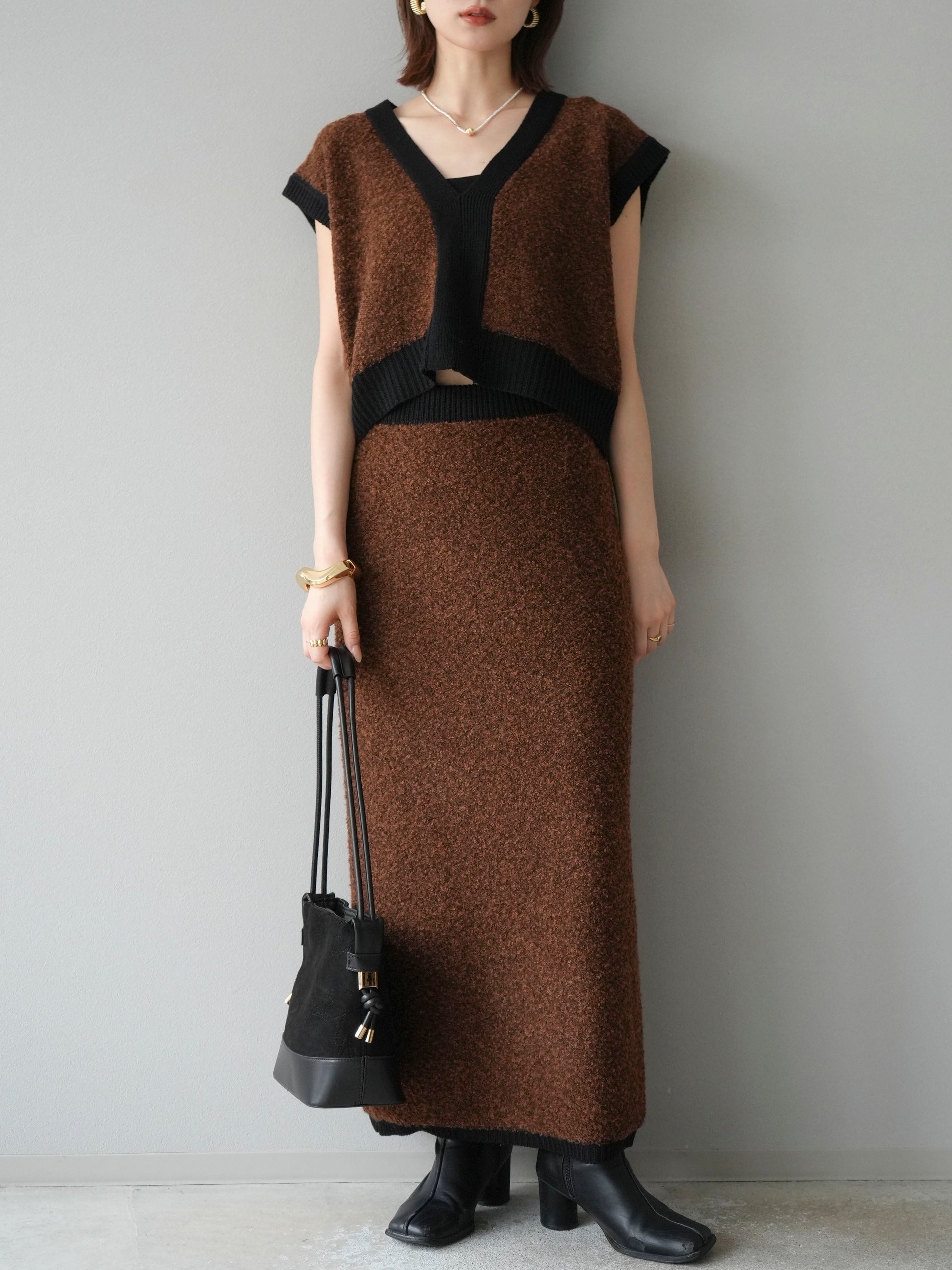 予約]ブークレバイカラータイトニットスカート/ブラウン – Lumier
