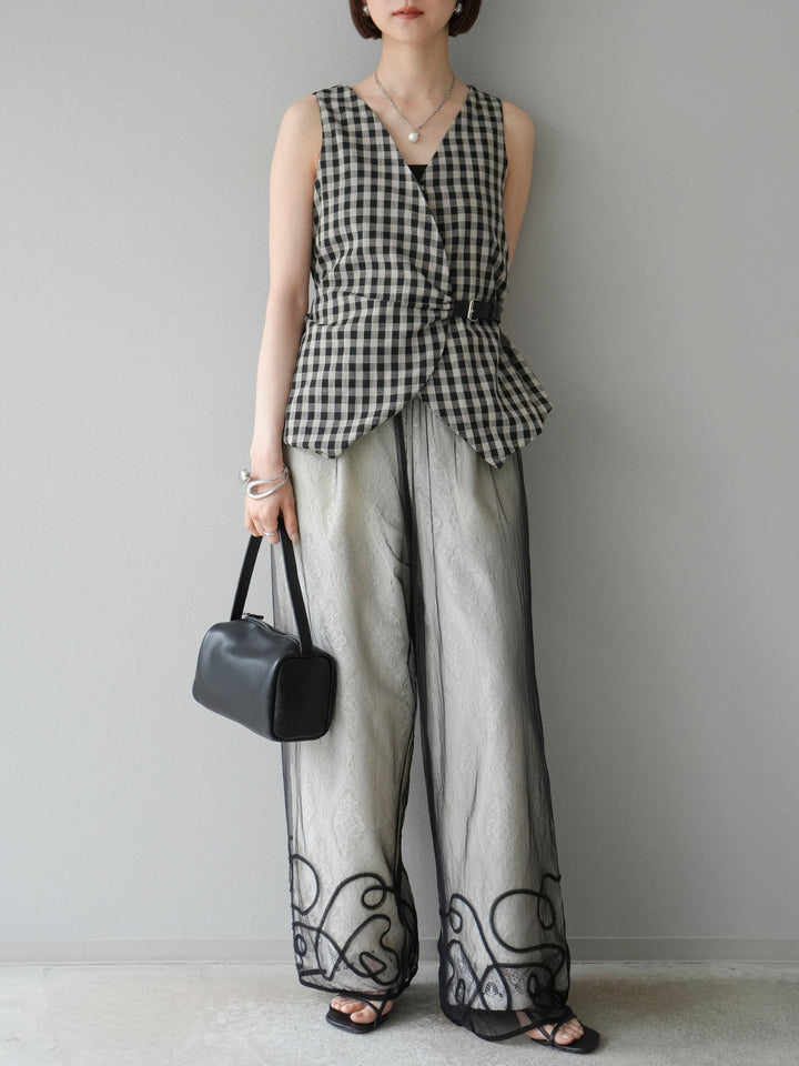 [SET]ベルトデザインバルーンブラウス+レースタックイージーパンツ(2set)