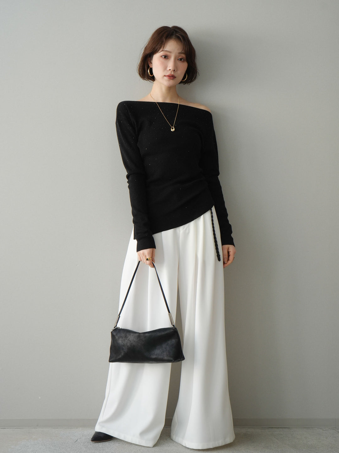 [予約]ラインストーンアシンメトリーニットトップス/black