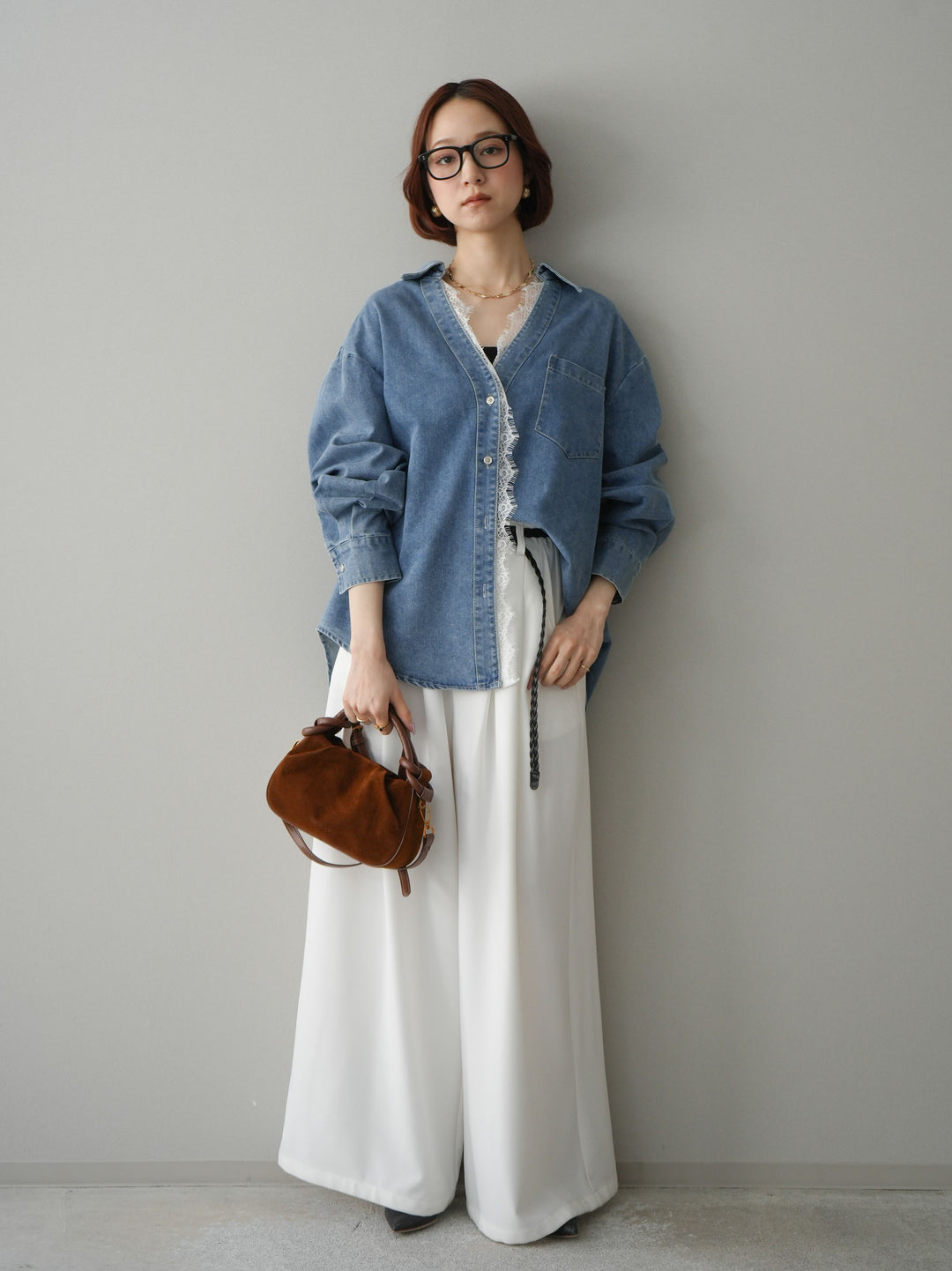 [予約]編み込みベルト付タックワイドパンツ/white