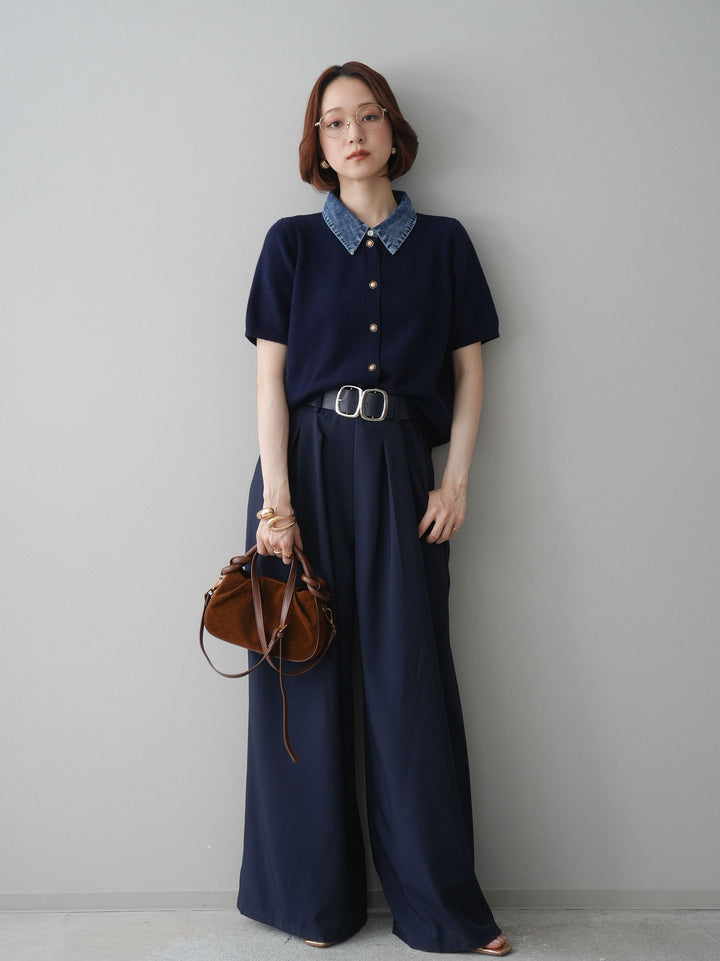 [予約]ダブルバックルベルト付ワイドパンツ/blue