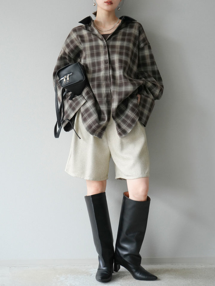 [SET]レザー襟オンブレチェックオーバーシャツ +ツイードハーフパンツ(2set)