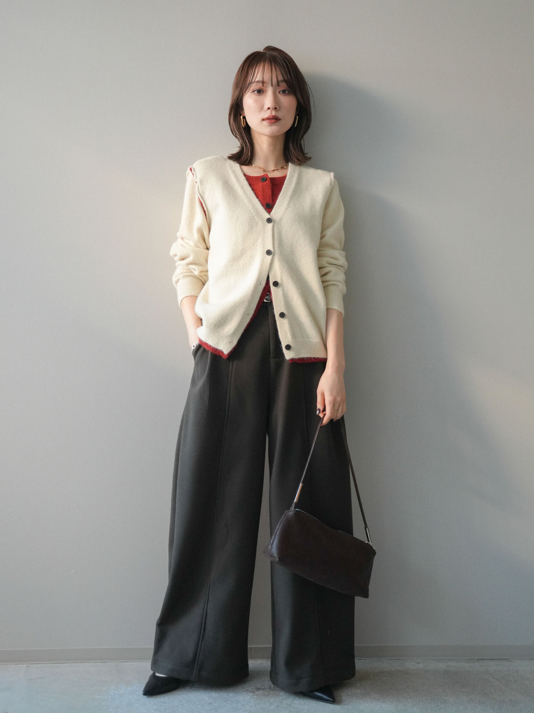 [予約]ベルト付き裏起毛ワイドパンツ/ brown