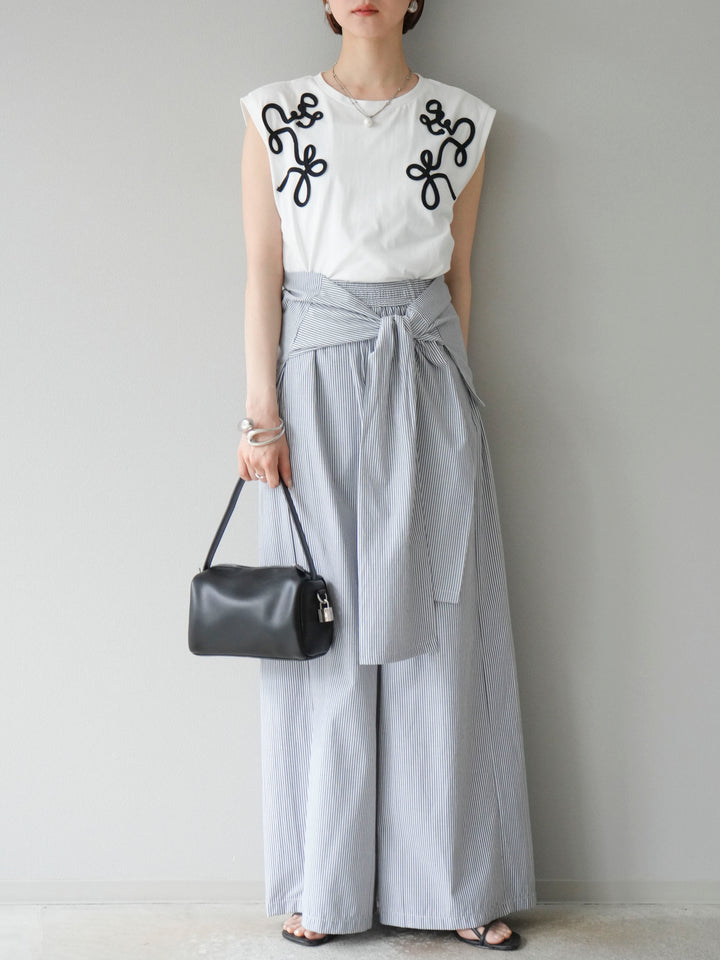 [SET]コード刺繍フレンチスリーブTシャツ+ウエスト巻きストライプイージーパンツ(2set)