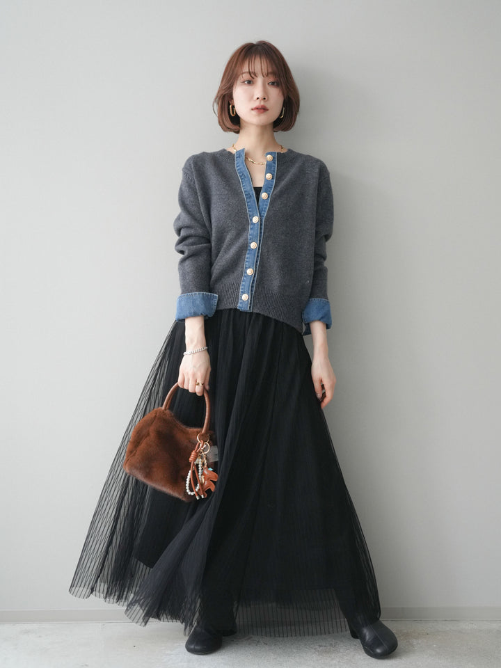 [SET]クルーネックデニムドッキングニットカーディガン+選べるアクセセット(2set)