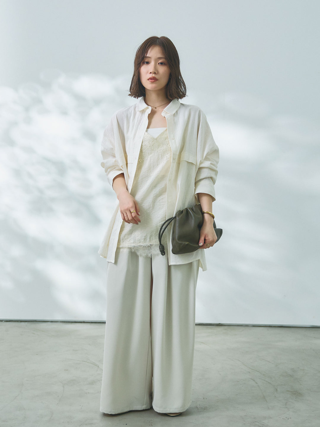 【Allure】[SET]スプリングスラブワイドシャツ+エステルツイルタックワイドパンツ(2set)