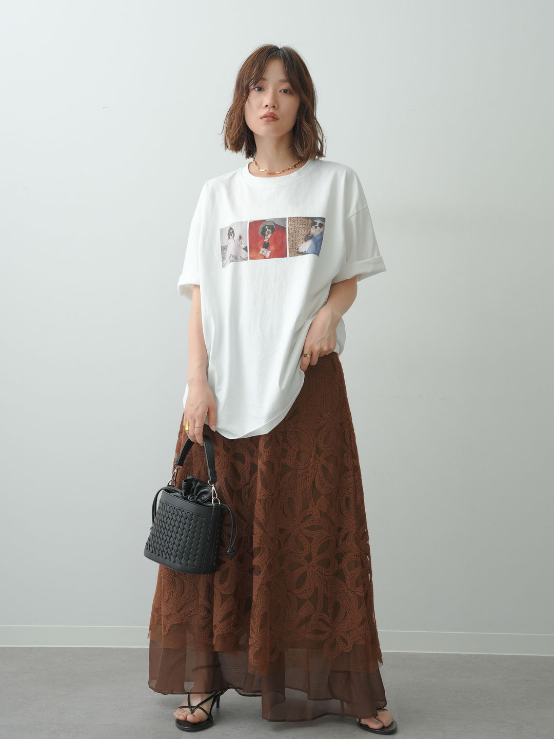 [SET]スリードッグフォトボックスTEE+フラワーレースレイヤードスカート(2set)