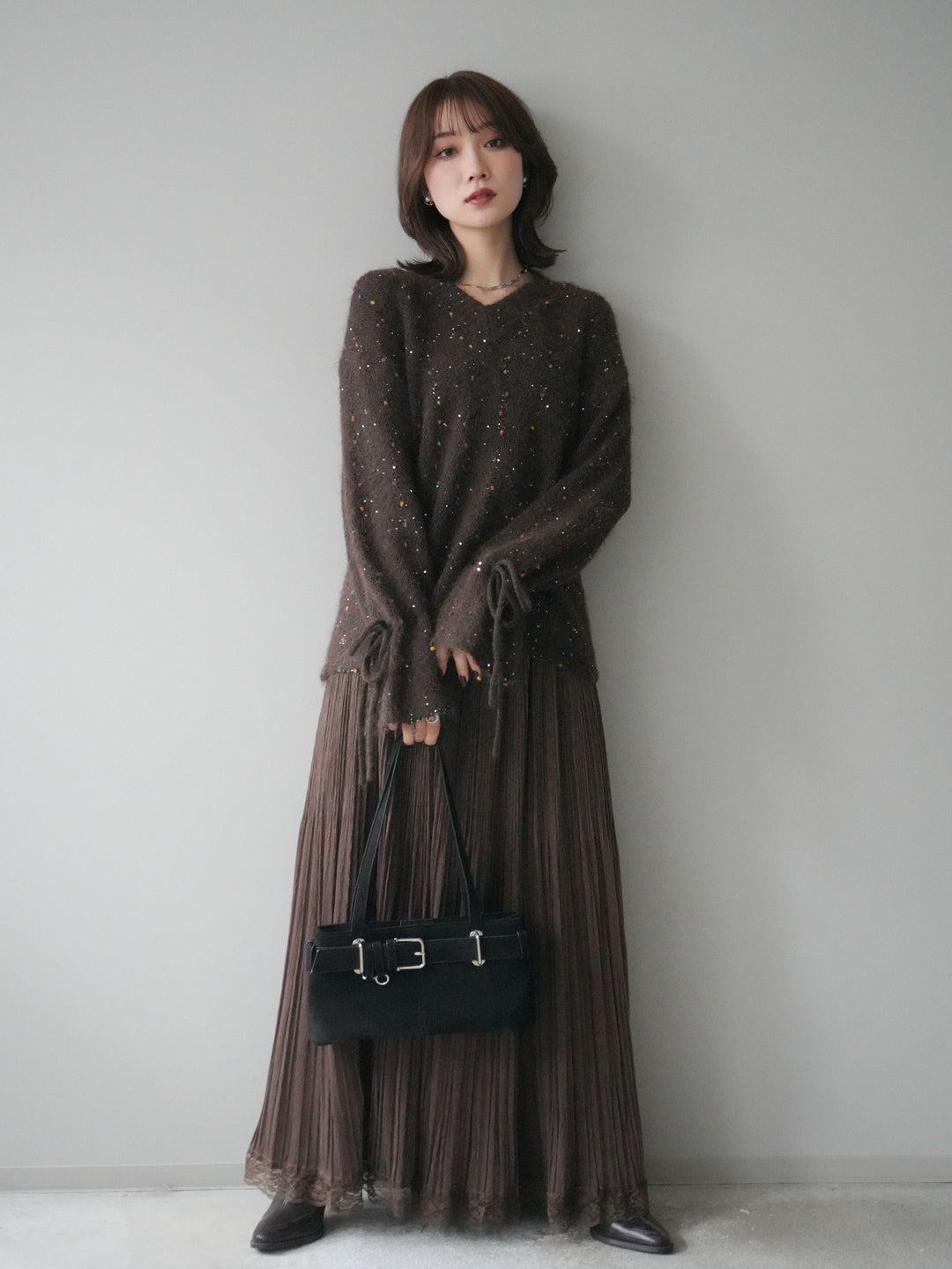 [予約]キャンディースリーブカラーネップスパンコールニットプルオーバー/brown