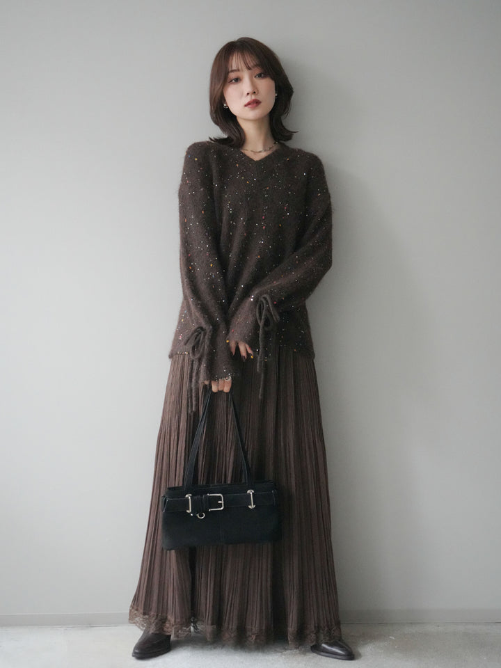 [予約]キャンディースリーブカラーネップスパンコールニットプルオーバー/brown