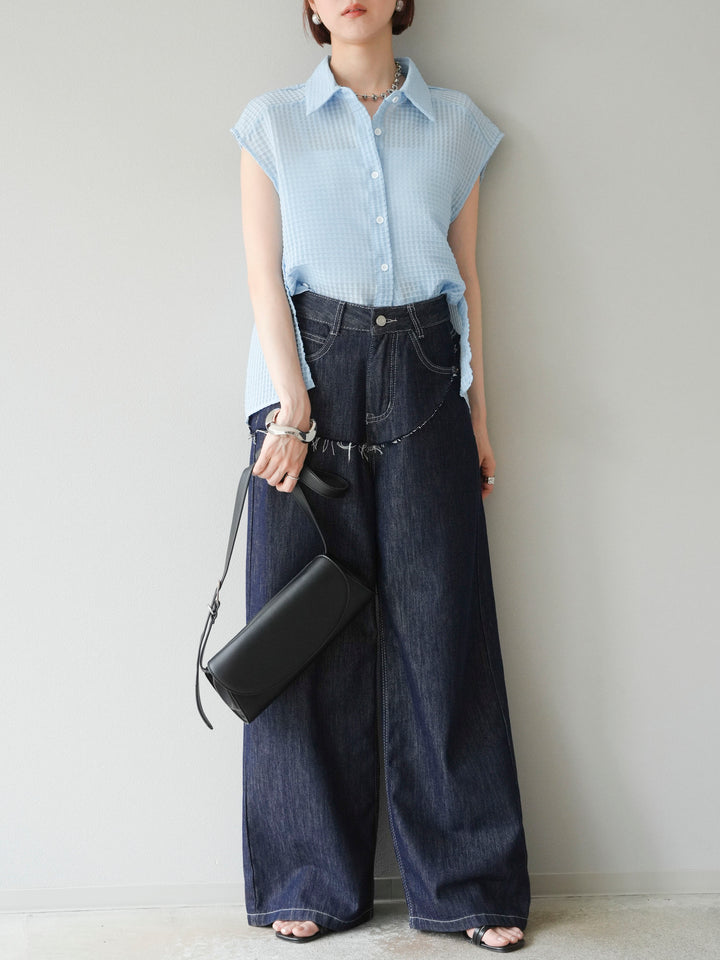 [SET] 透視格紋無袖襯衫 + 臀部設計牛仔褲（2 套）