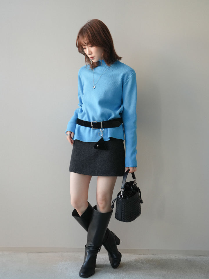 [予約]ボトルネック裾カールリブニットトップス/blue