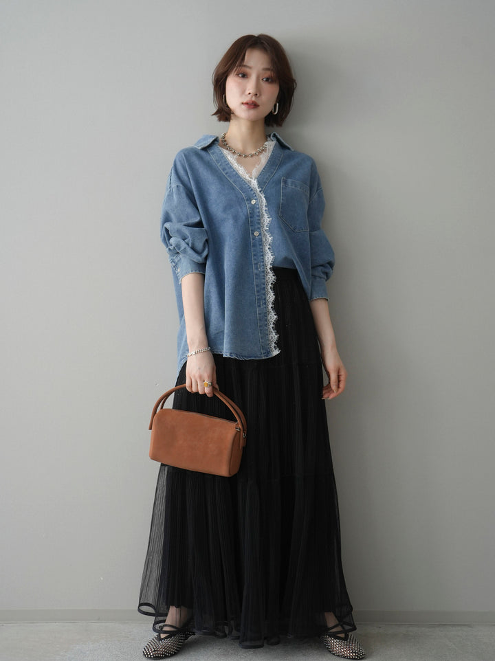 [SET]レースレイヤードデニム開襟シャツ+選べるアクセセット(2set)