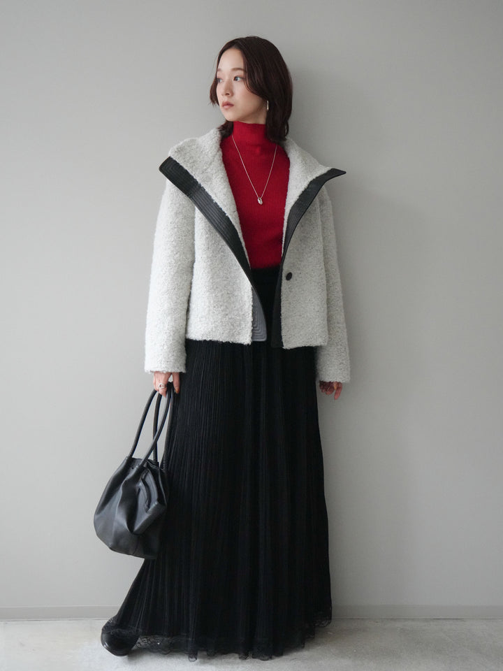 [SET]レザー切替ブークレブルゾン+裾レーススウェードプリーツマキシスカート(2set)