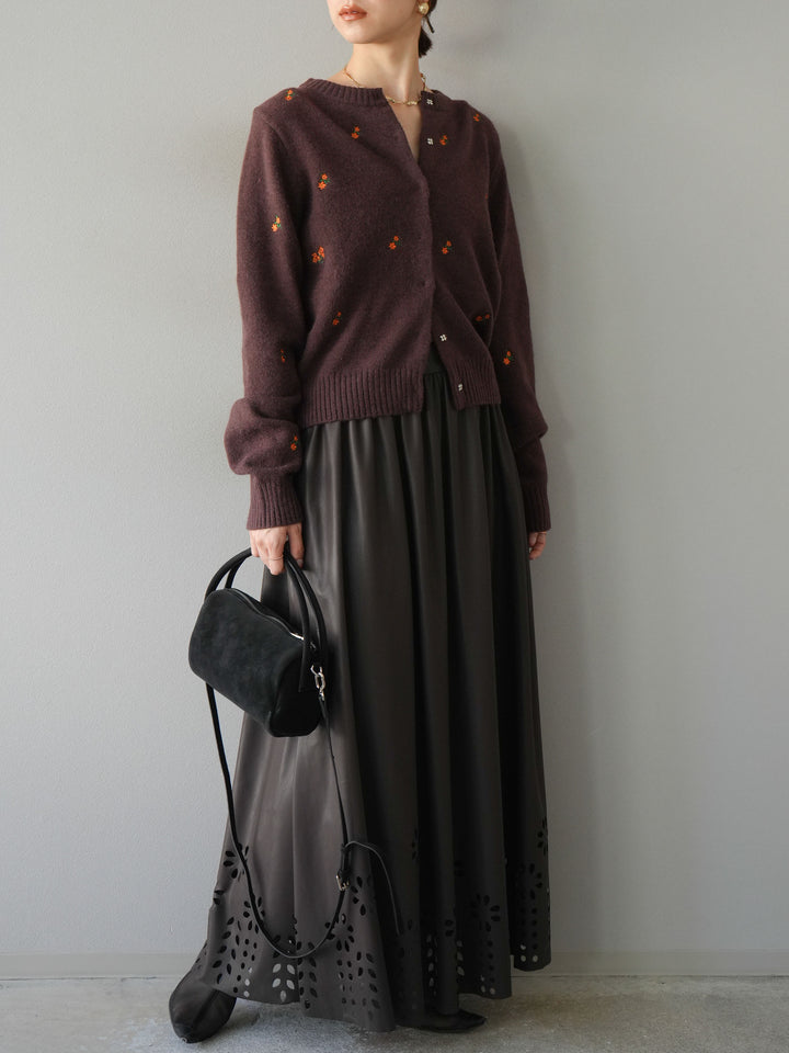 [予約]フラワーパンチングレザースカート/ブラウン