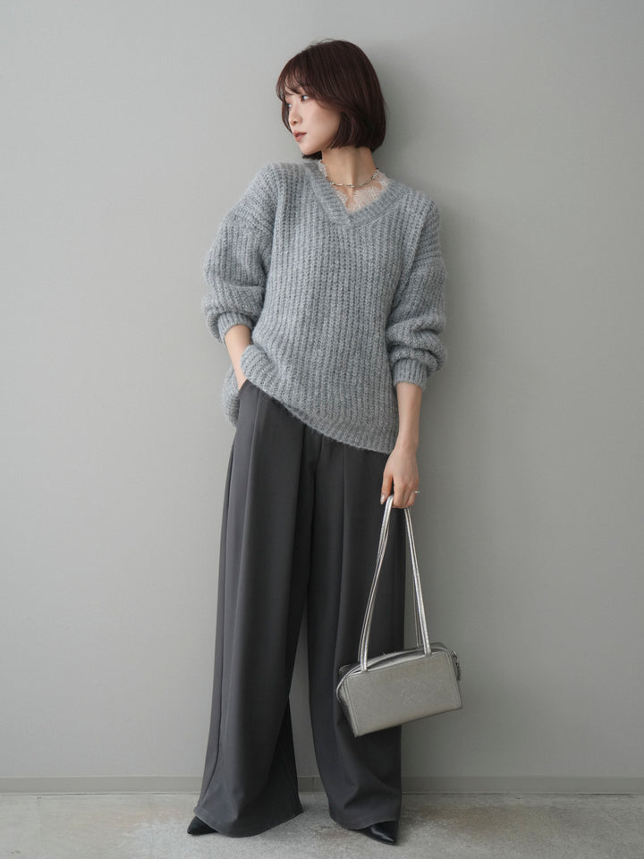 [予約]Vネックレースニットプルオーバー/gray