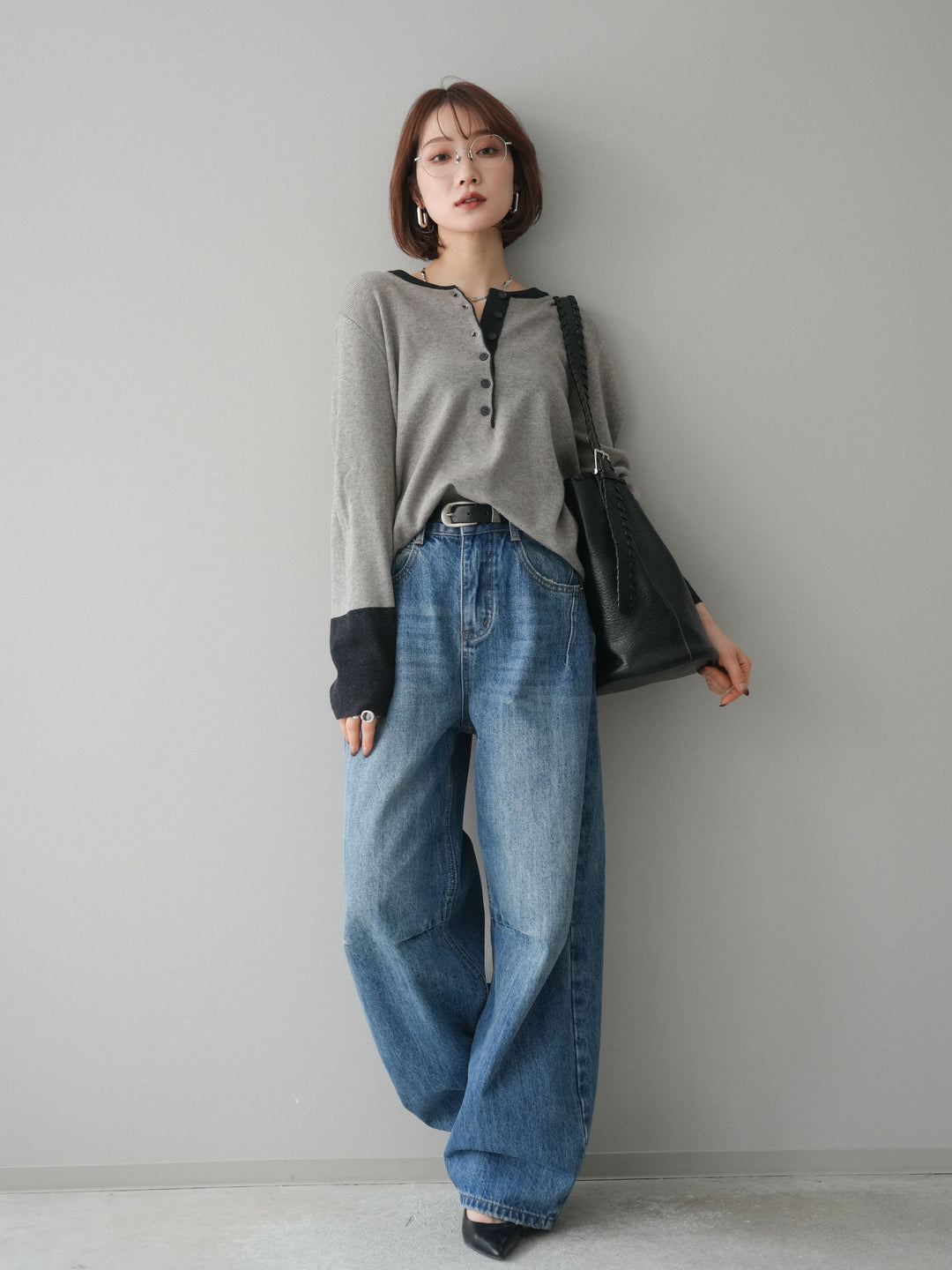 [SET]ヘンリーネック配色ニットソー+選べるアクセセット(2set)