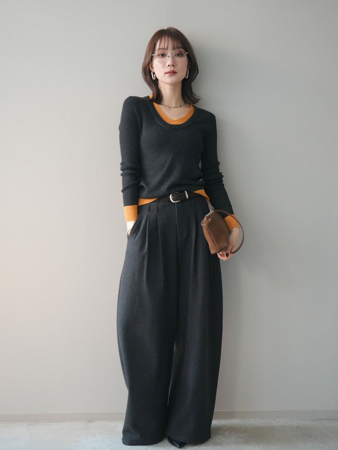 [SET]Uネック配色レイヤードリブニットトップス+選べるアクセセット(2set)