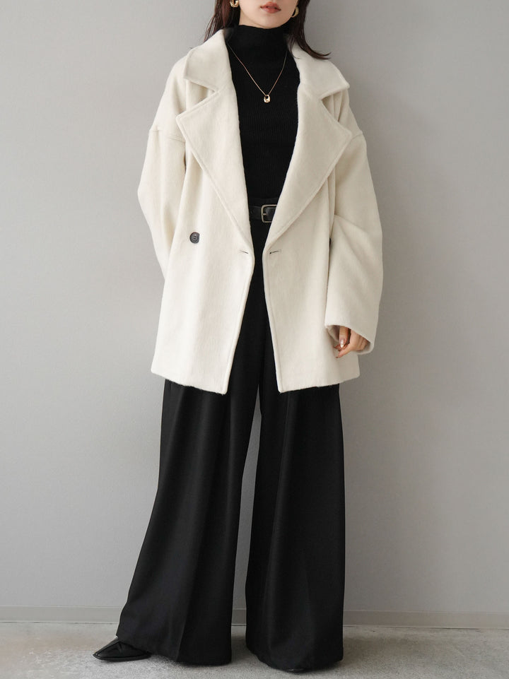[SET]フェイクビーバーミドルコート+袖ボタンハイネックリブニットトップス+ベルト付ウールタッチワイドパンツL(3set)