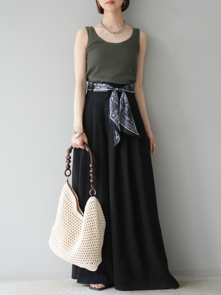 [予約]スカーフベルト付3タックワイドパンツ/ブラック