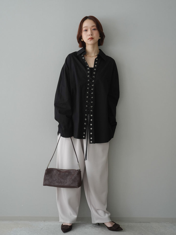[SET]レースアップブロードシャツ+バイカラー異素材サイドラインライトポンチパンツ(2set)