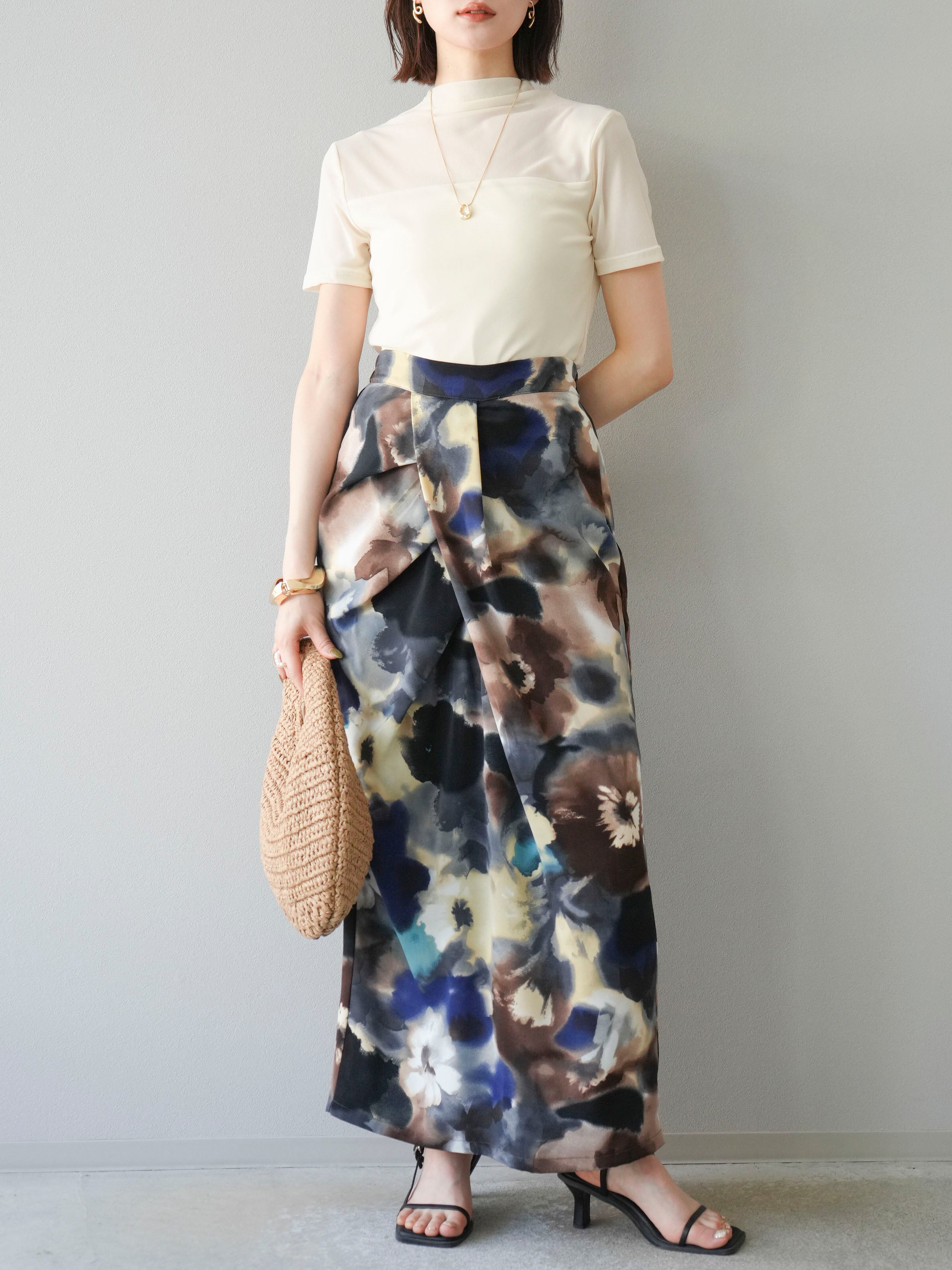 Lumie♡大人気シアートップス+水彩スカート SET SET]シアー切替ハーフスリーブトップス+水彩タッチプリント