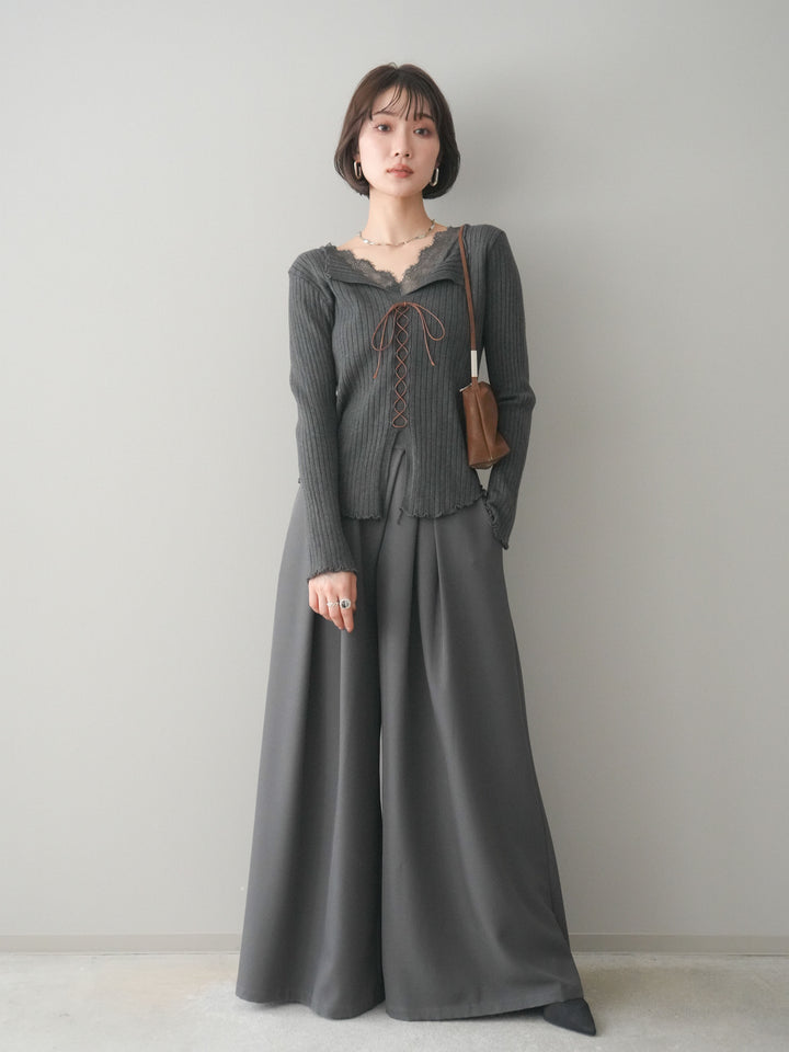 [予約]レースネックレースアップリブニットトップス/gray