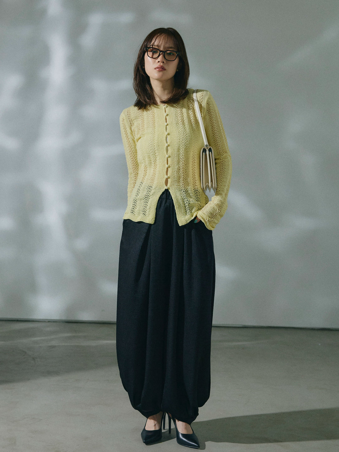 [予約]透かし編みニットカーディガントップス/yellow