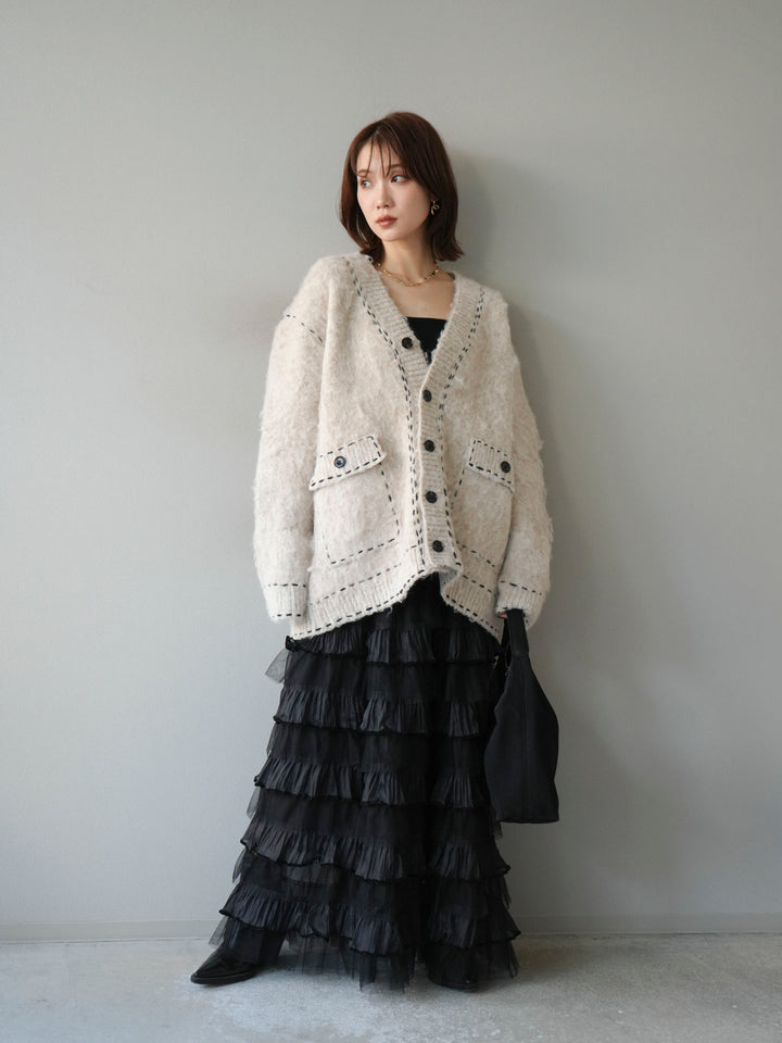 [予約]ステッチVネックニットカーディガン/アイボリー