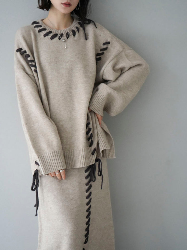 [Pre-order] Hand-stitched color-coordinated over-knit pullover/beige