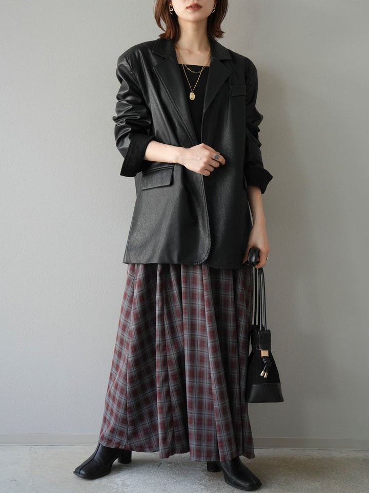 [予約]チェックタックフレアロングスカート/ ボルドー
