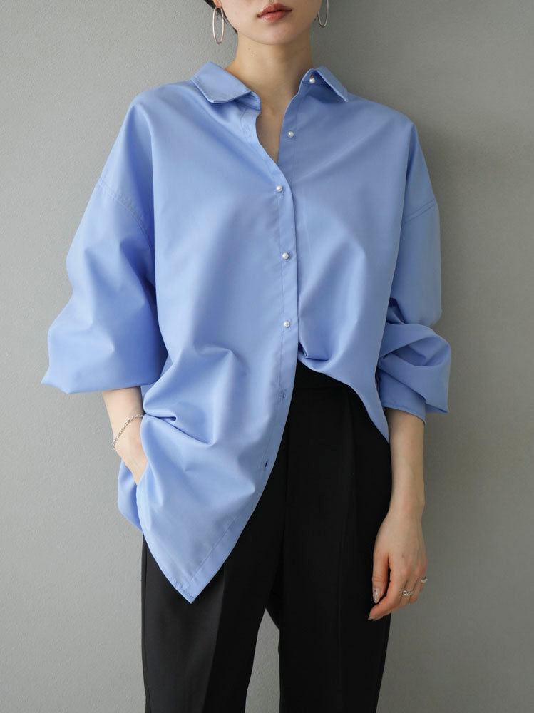 【預訂】珍珠紐扣捲袖襯衫/藍色