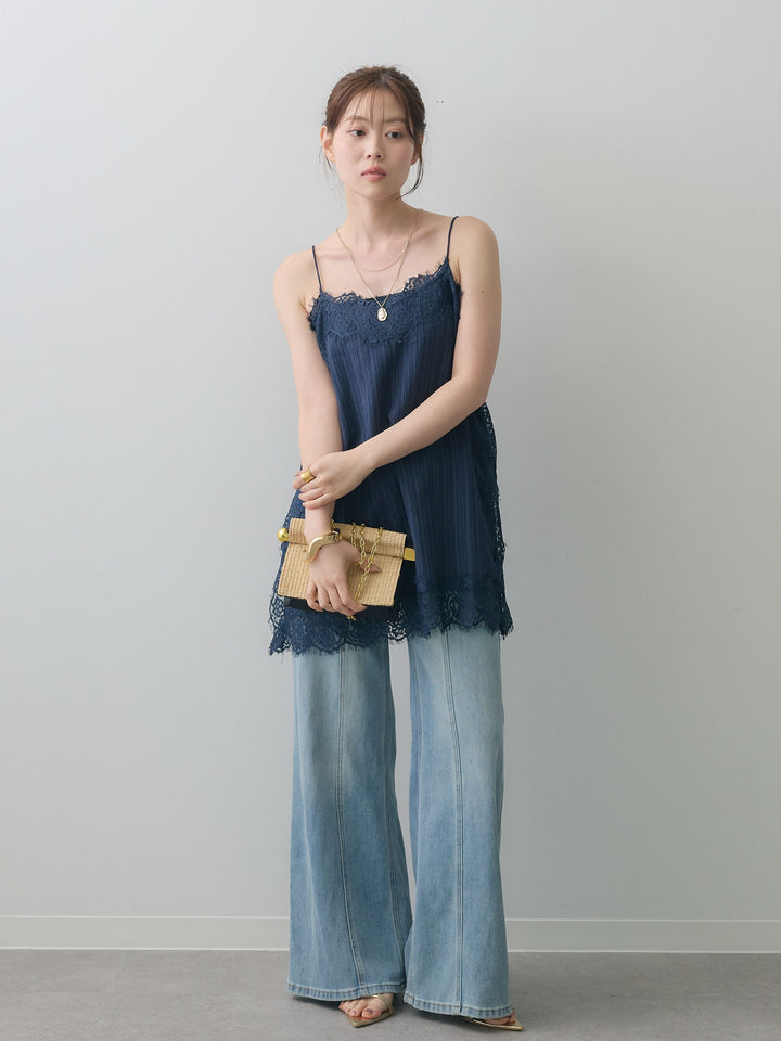 [予約]ワッシャーテクスチャーレーストリムキャミソール/navy
