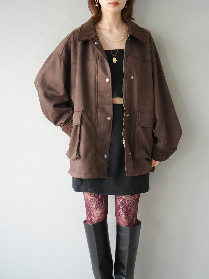 [予約]コーデュロイ襟スウェードミドルジャケット /ブラウン