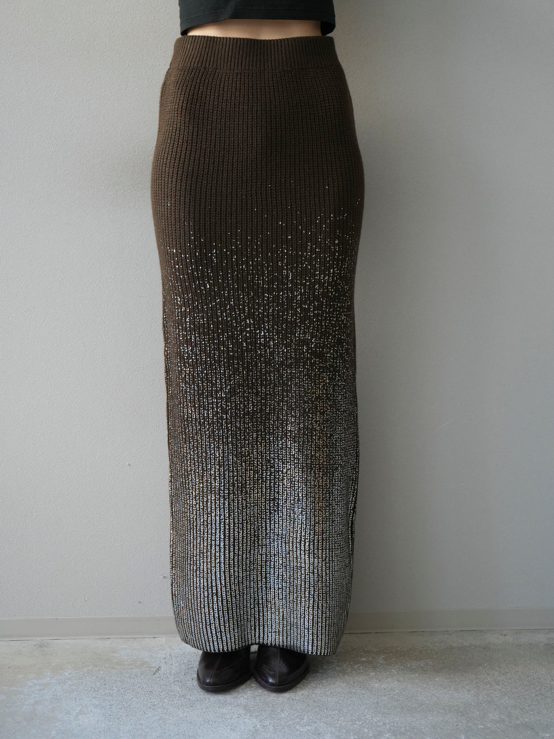 [予約]箔プリントニットタイトスカート/coffeebrown