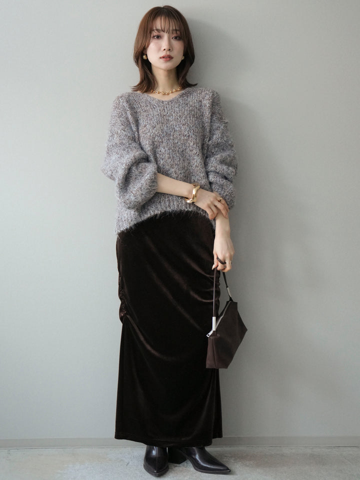 [SET]Vネックミックスヤーンニットプルオーバー+ギャザーベロアスカート(2set)