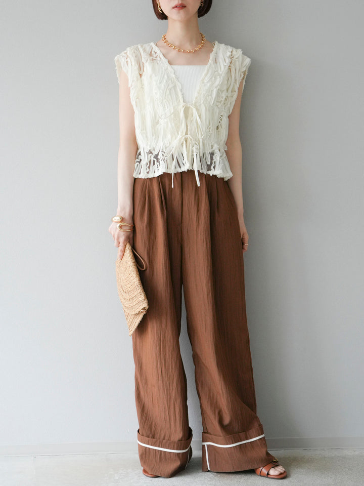 [SET] 提花蕾絲蝴蝶結上衣+麻質下擺迴力寬褲（2件套）