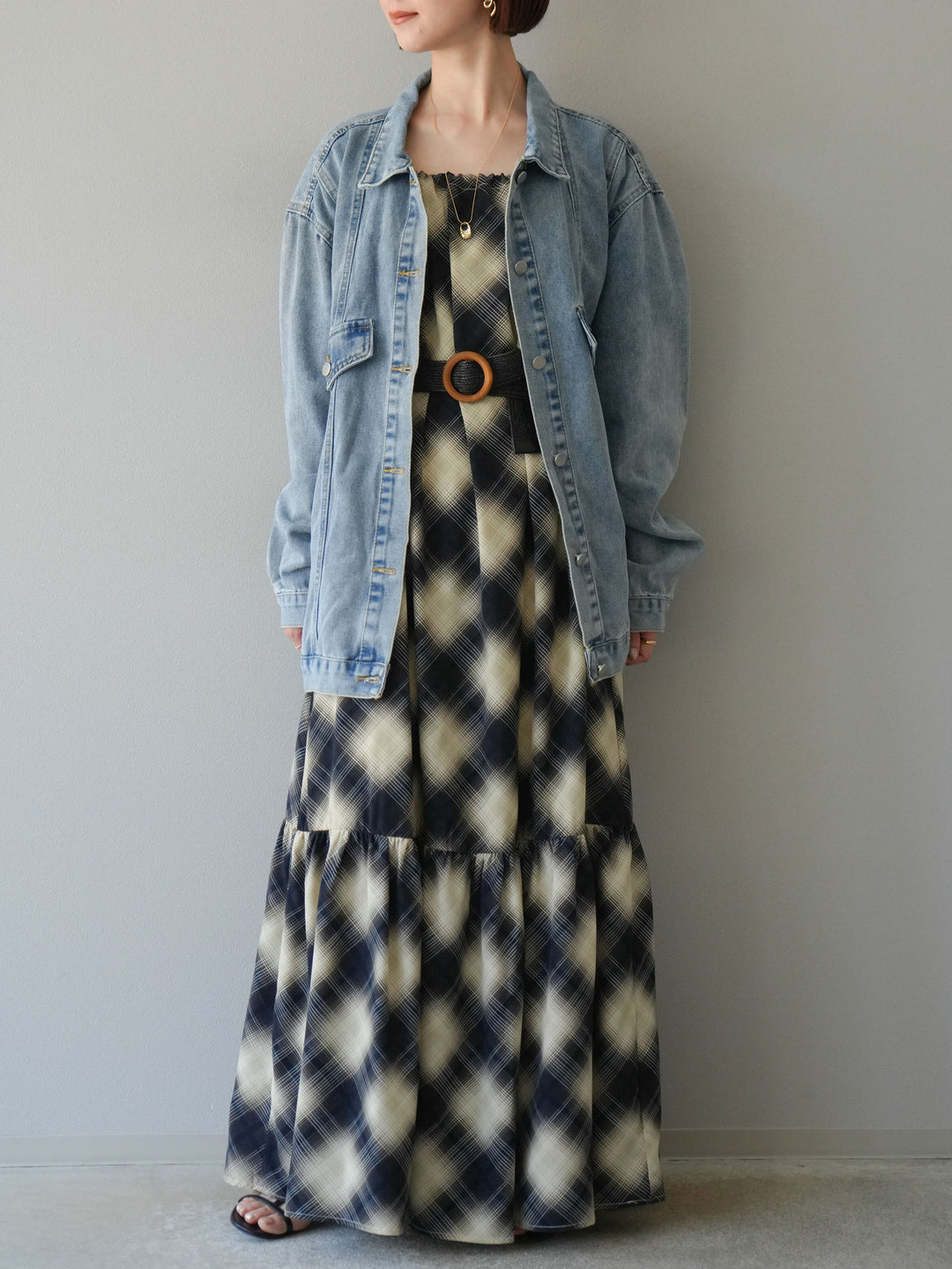 [SET]ベルト付チェックノースリーブワンピース+ビンテージデザインBIGデニムジャケット(2set)