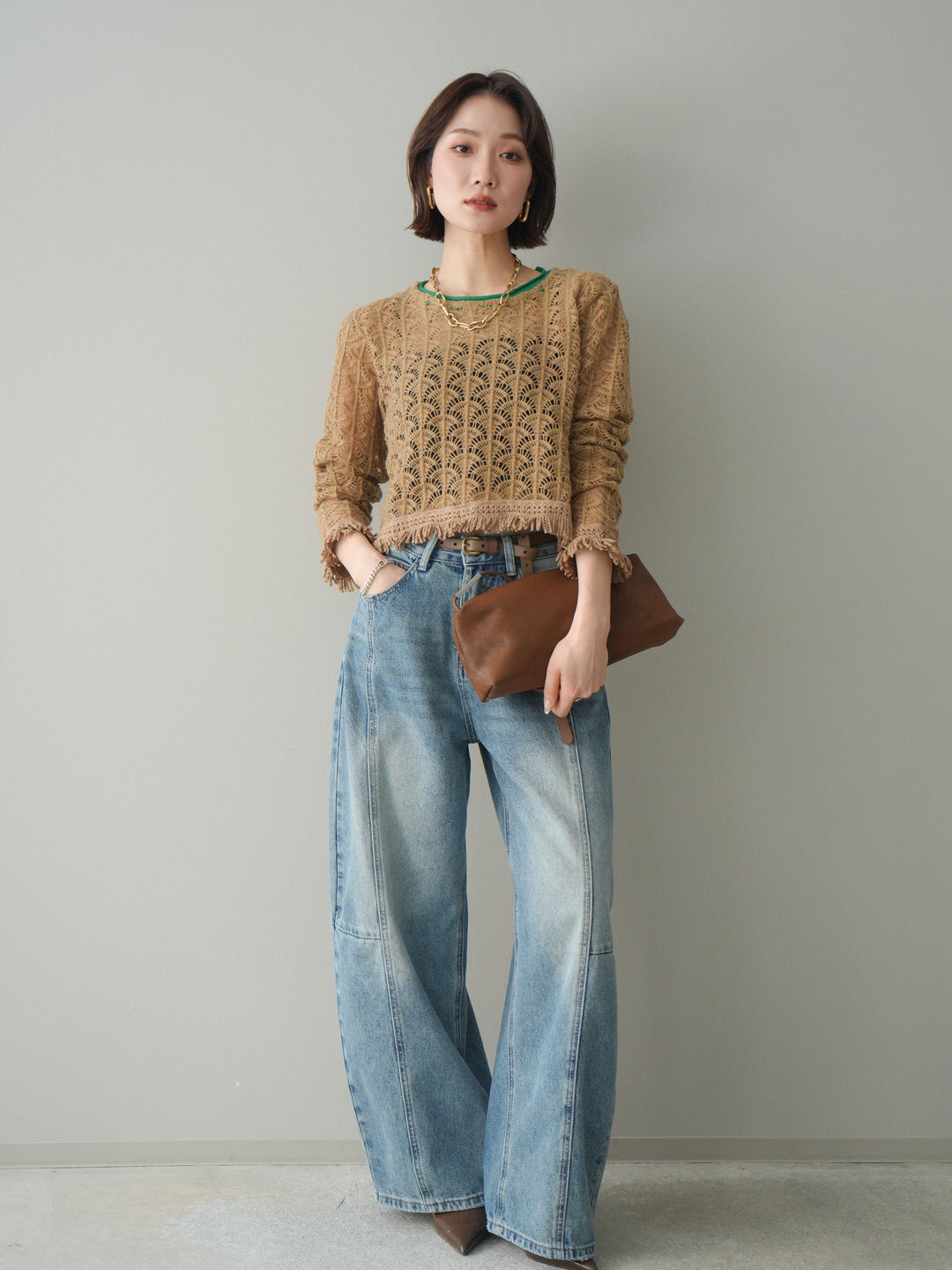 [予約]扇透かし編みクロップドニットプルオーバー/beige