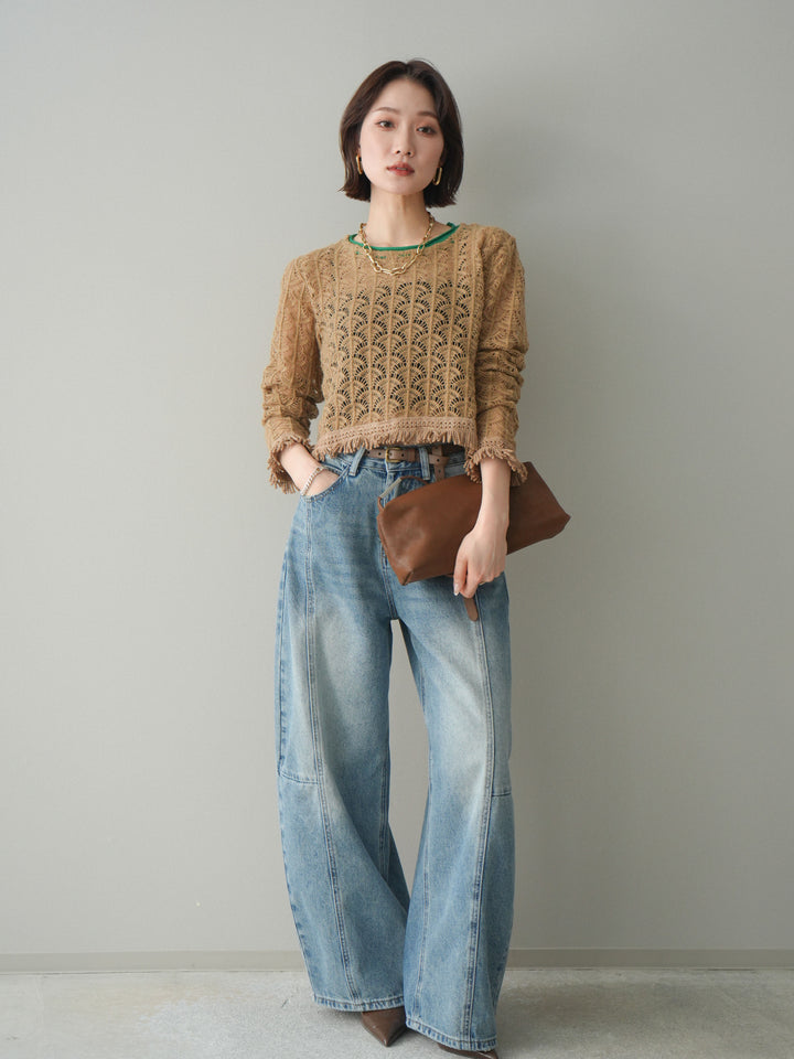 [予約]扇透かし編みクロップドニットプルオーバー/beige