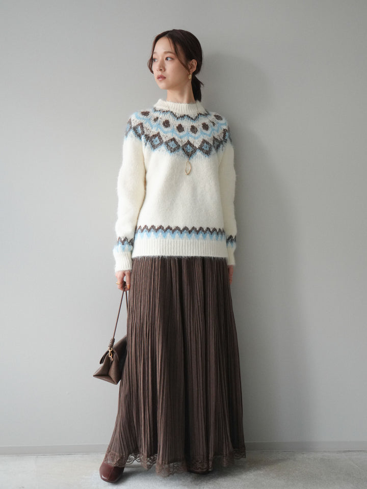 [SET]ソフトタッチ求心柄ニットプルオーバー+裾レーススウェードプリーツマキシスカート(2set)