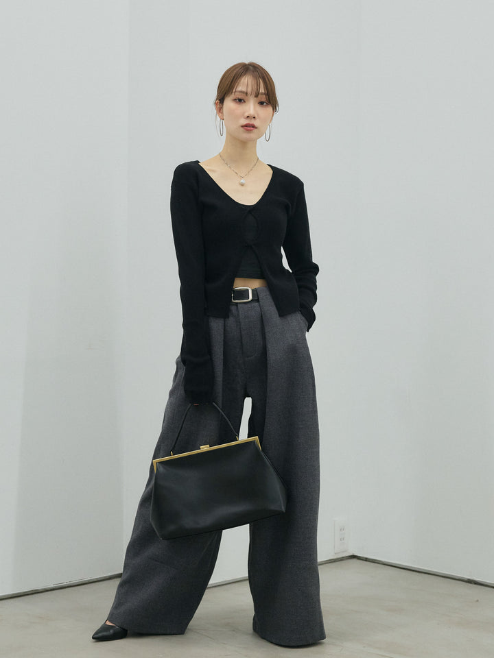 【Allure】[SET]フロントツイストリブニットトップス+ループデザインツイルワイドパンツ(2set)