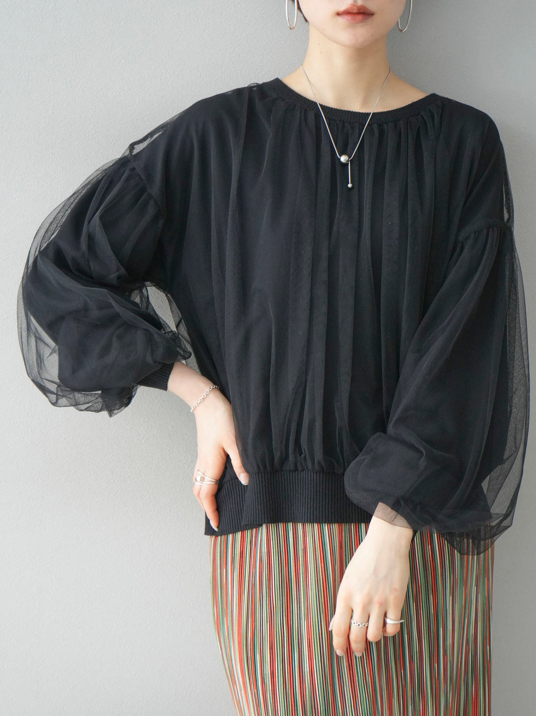 [Pre-order] Tulle layered knit top/Black