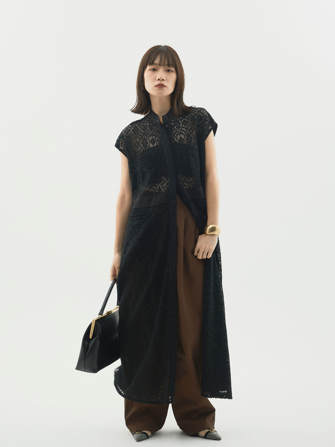 [予約]レースサテン切替ワンピース/ブラック