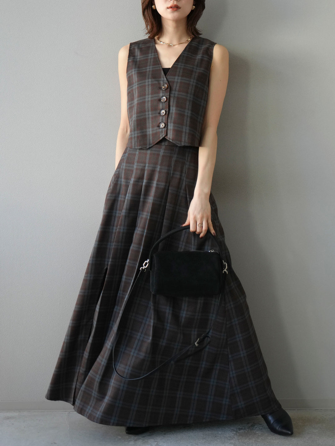 [予約]チェック柄ベスト/ブラウン