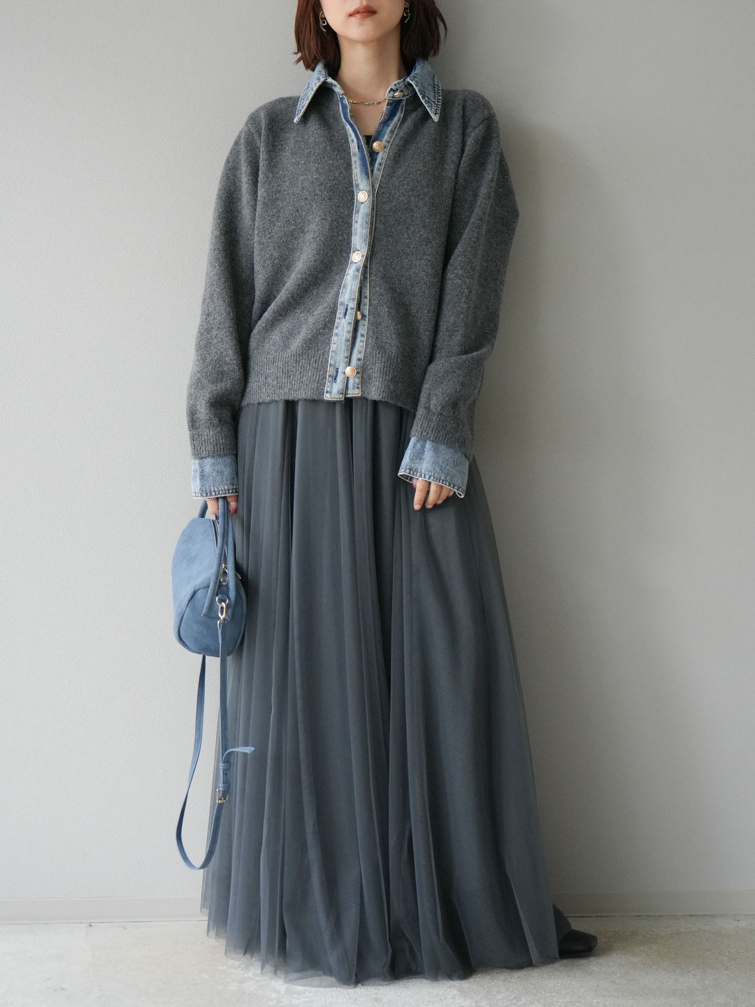 [SET]デニム襟ボタンニットカーディガン+チュールボリュームスカート(2set)