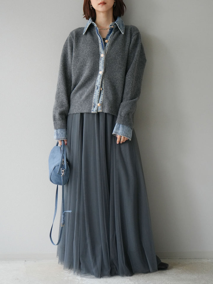 [SET]デニム襟ボタンニットカーディガン+チュールボリュームスカート(2set)