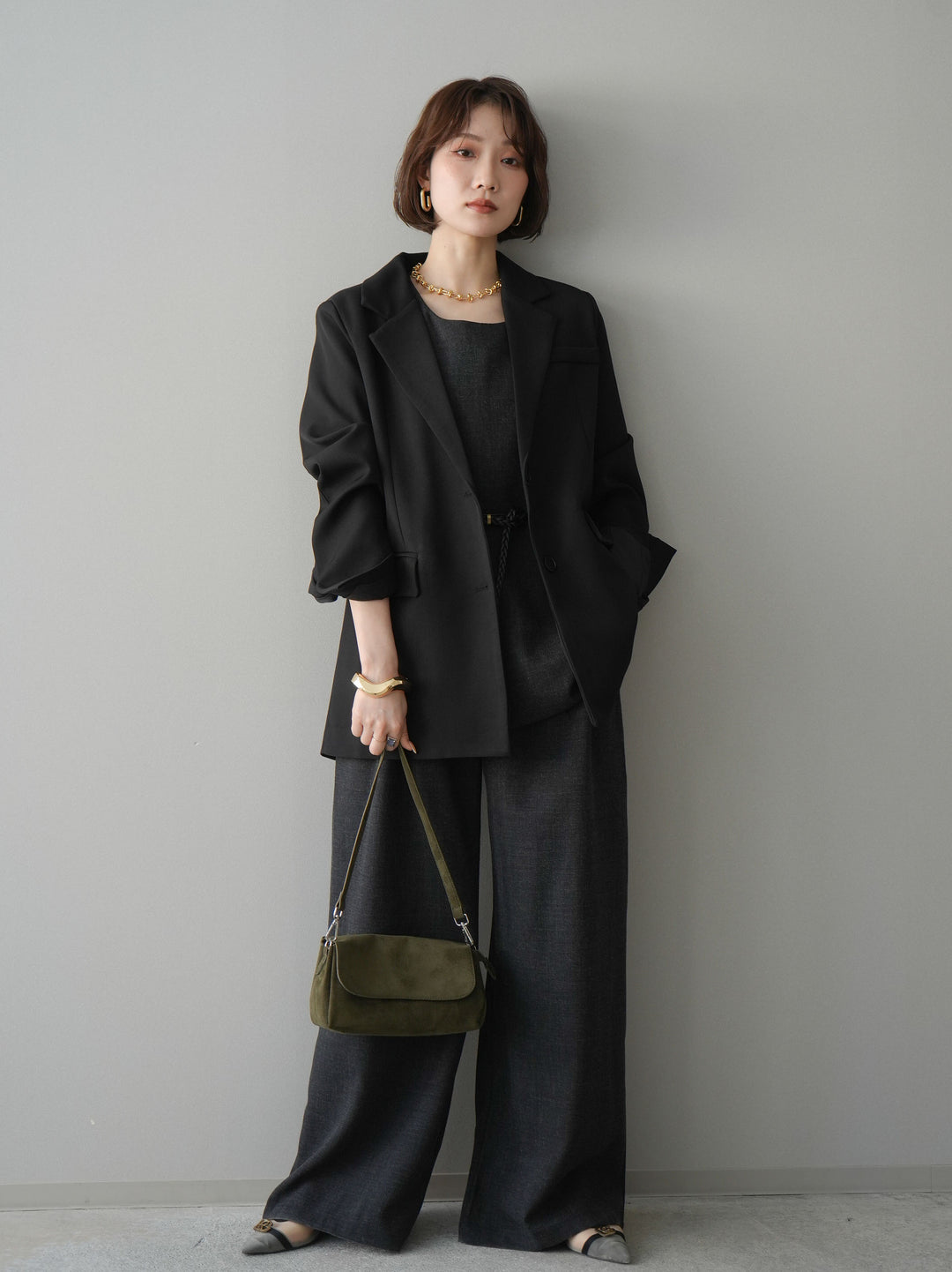 [SET]ベルト付ノースリーブトップス＆ワイドパンツSETUP