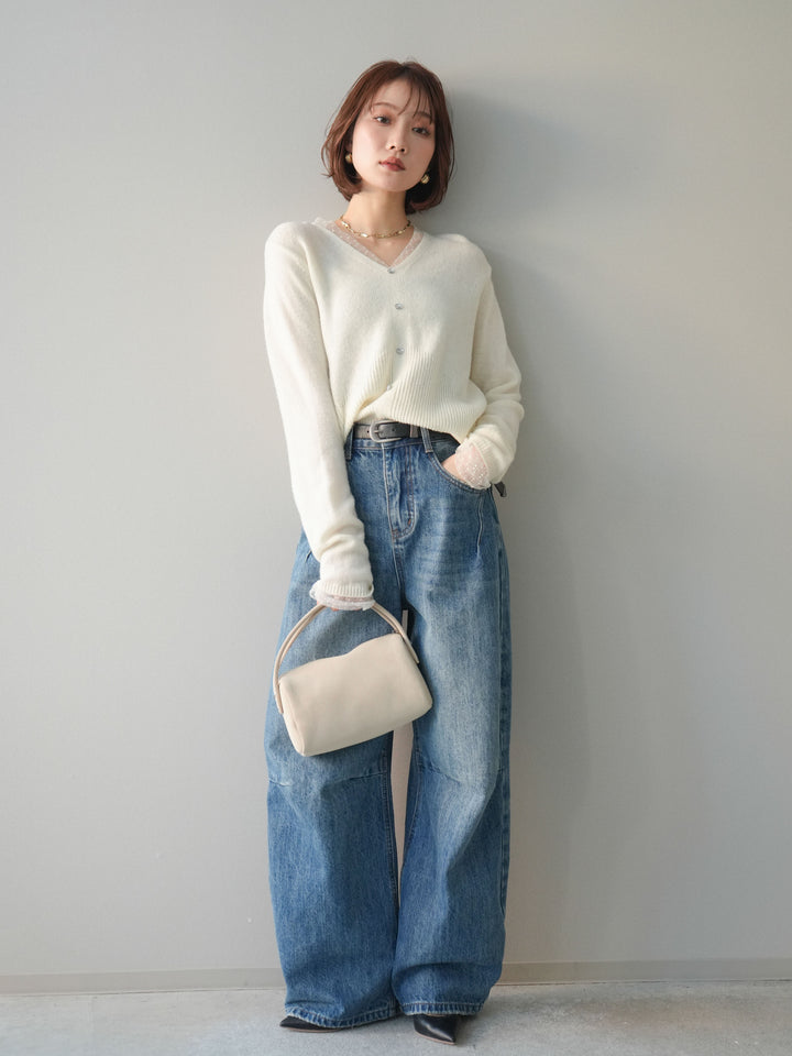 [SET]ドットチュールレイヤードボタンニットトップス+選べるアクセセット(2set)