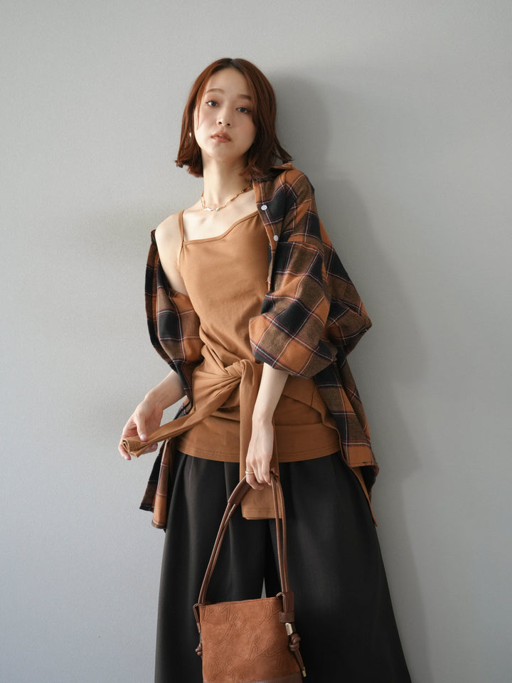 [予約]カップ付キャミ付チェックシャツチュニック/ブラウン
