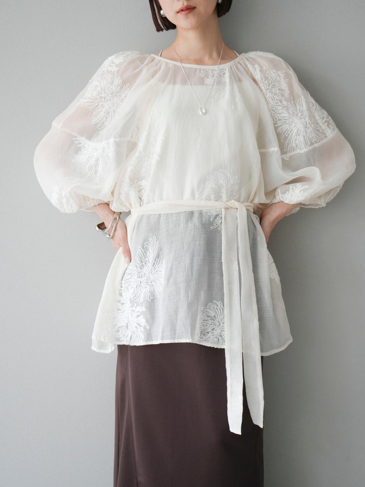 [SET]刺繍シアーバルーンスリーブブラウス+刺繍シアーバルーンスリーブブラウス(2set)
